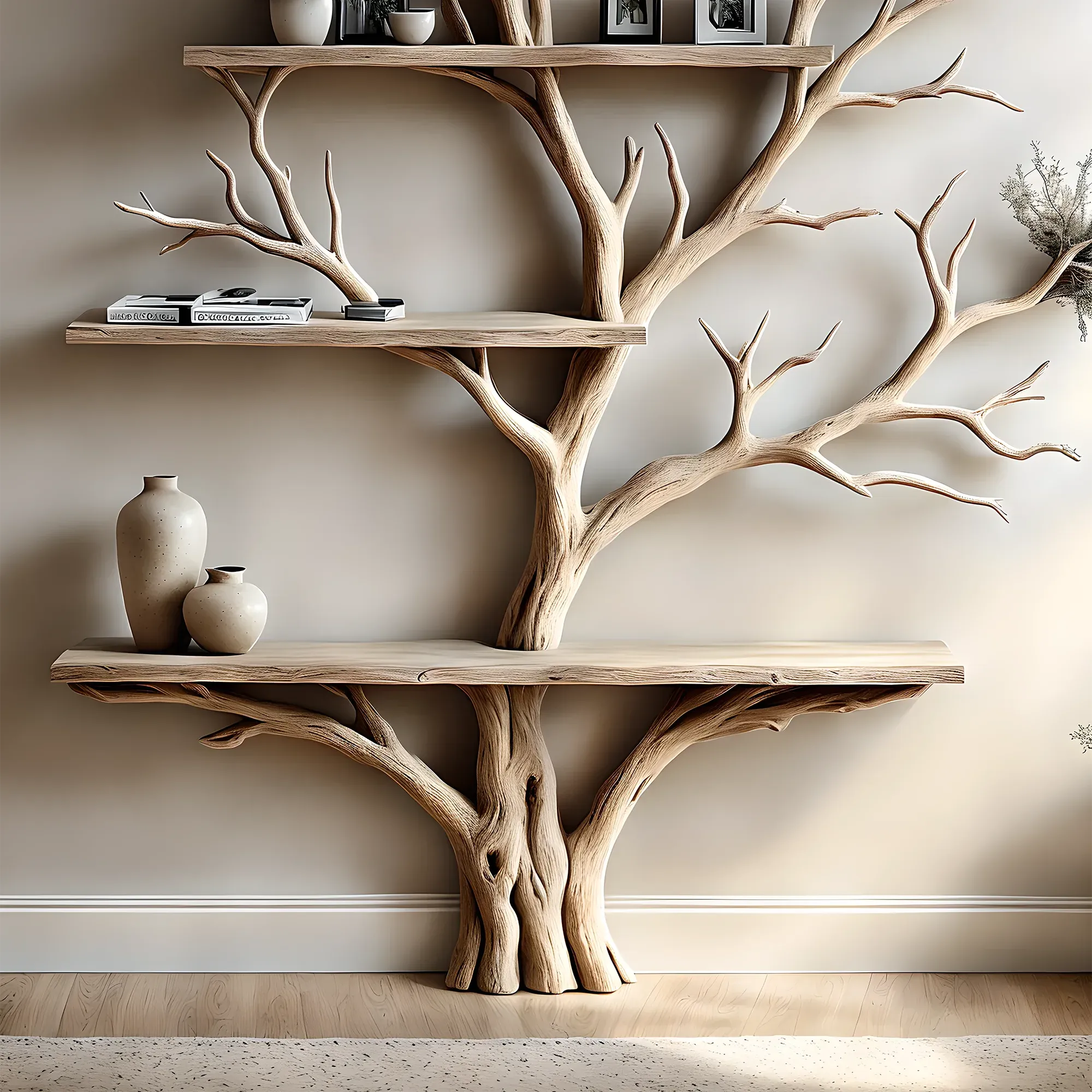 Solid Wood Floating Shelf with Tree Branch Design