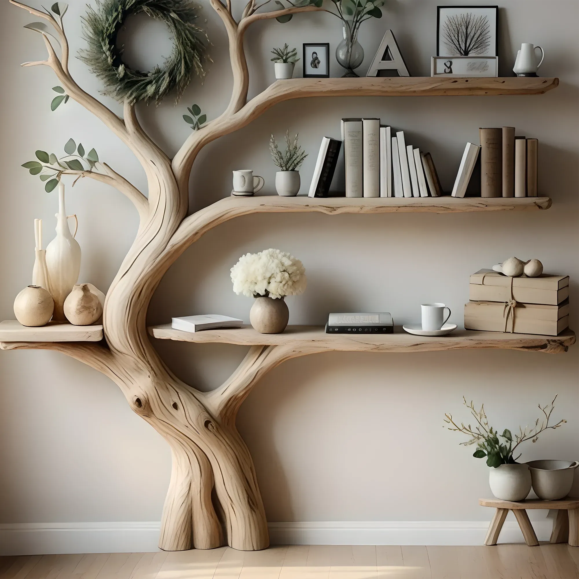 Natural Wooden Tree Bookshelf with Floating Table