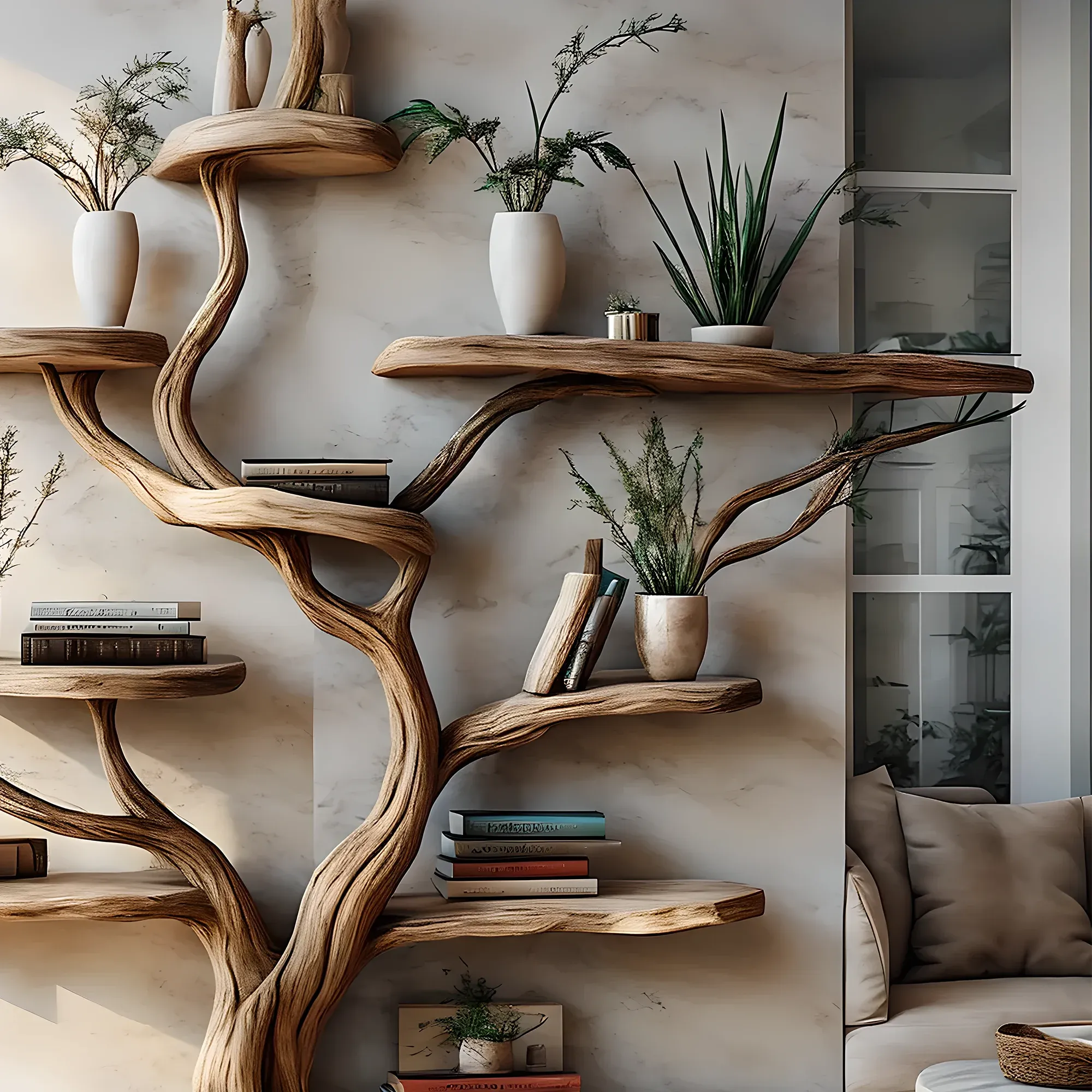 Decorative Solid Wood Tree Bookshelf with Floating Shelf